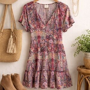 Boho Paisley Mini Dress Ruffle Hem Flutter Sleeve Festival Konx Rose size S